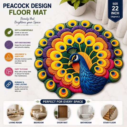 Premium Peacock Shape Floor Mat | Soft Anti-Skid Rubber Backing | Washable Decorative Door Mat for Living Room, Bedroom, Bathroom & Entrance |