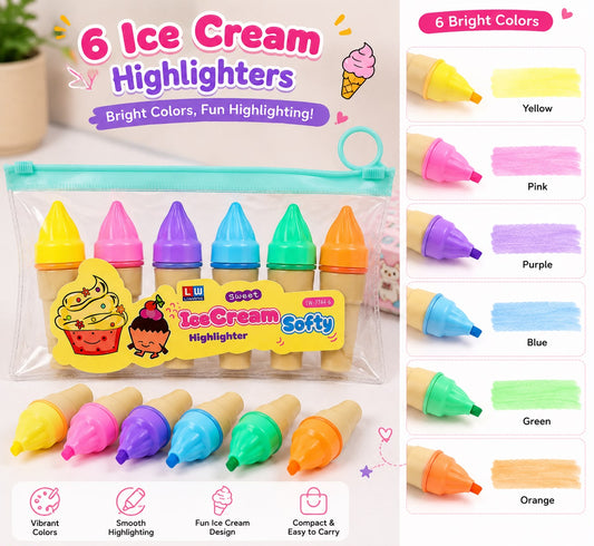 Ice Cream Softy Highlighter Set of 6 | Cute Colorful Highlighters for Kids & Students