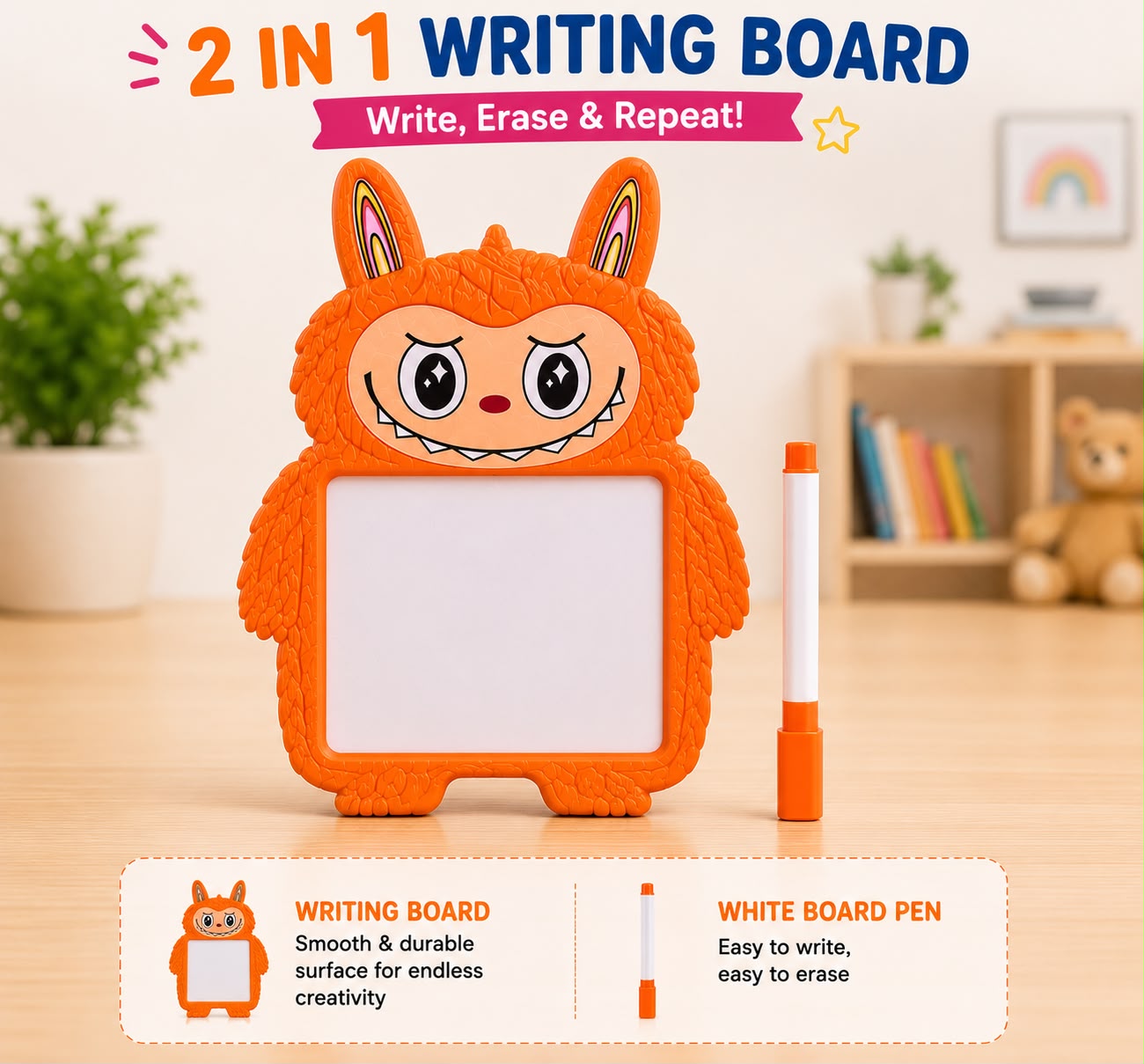 2 in 1 Writing Board for Kids with Whiteboard, Blackboard, Marker & Chalk | Reusable Educational Learning Toy | 3+ Years