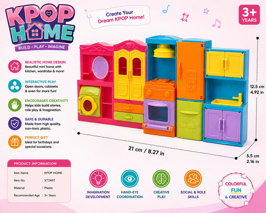 KPOP Home Mini Kitchen & Doll House Toy Set for Kids 3+ | Pretend Play House with Doors, Cabinets & Appliances