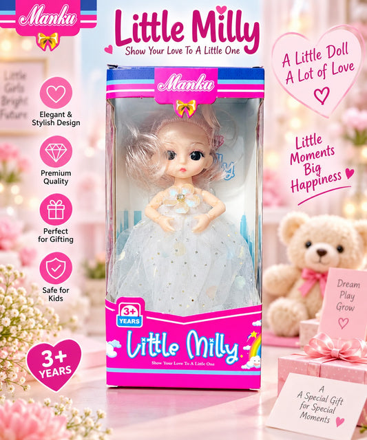 Manku Little Milly Doll for Girls 3+ – Cute Fashion Doll with Elegant White Glitter Dress, Stylish Hair & Pretend Play Toy