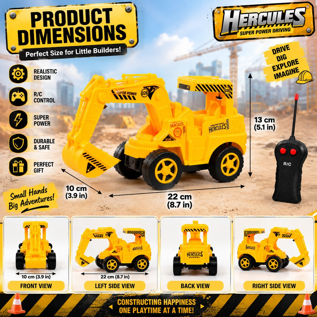 Hercules Remote Control Excavator Toy for Kids | Super Power Construction Truck with R/C Remote, Movable Arm & Bucket | Yellow Construction Vehicle Toy