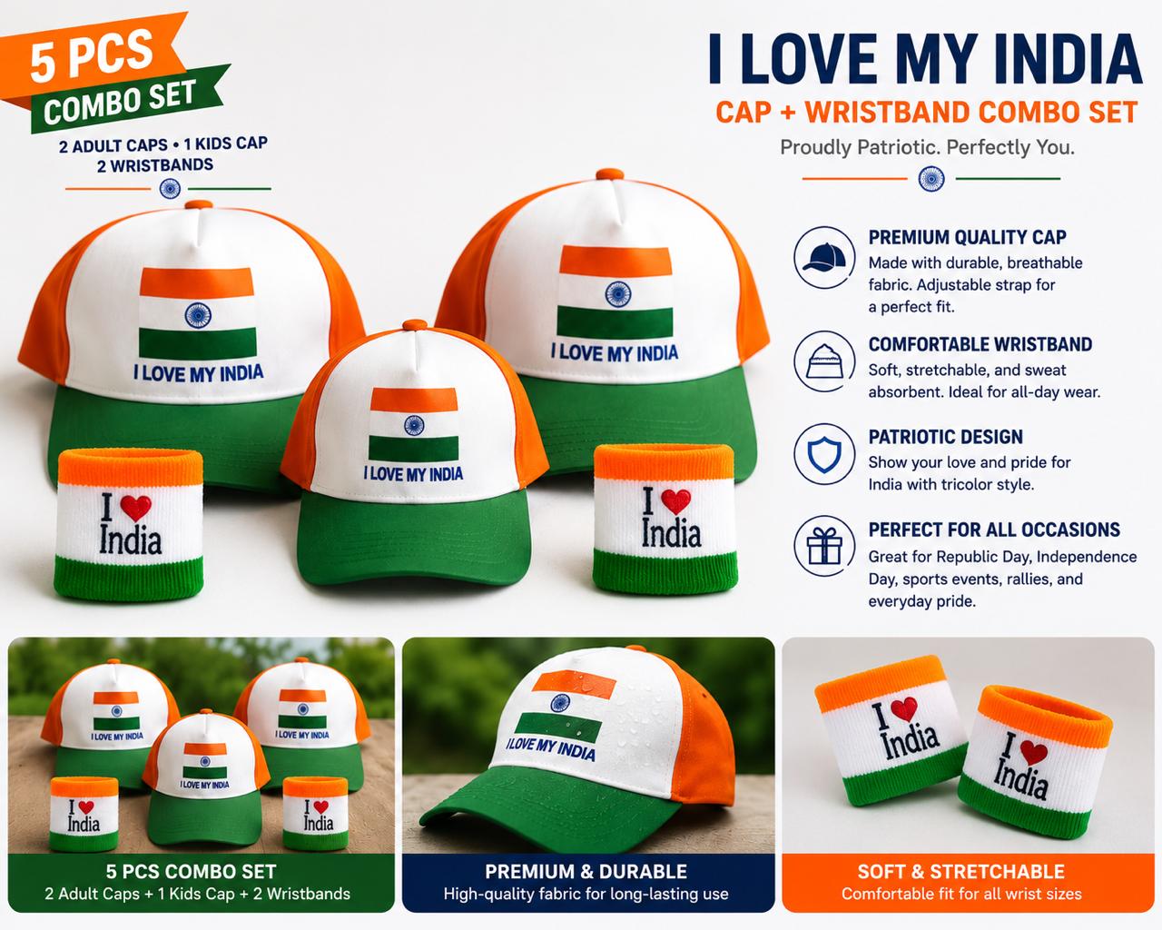 5 Pcs Tricolor Cap & Wristband Combo Set | 2 Adult Caps + 1 Kids Cap + 2 Wristbands | I Love My India