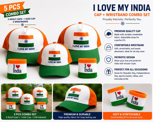 5 Pcs Tricolor Cap & Wristband Combo Set | 2 Adult Caps + 1 Kids Cap + 2 Wristbands | I Love My India