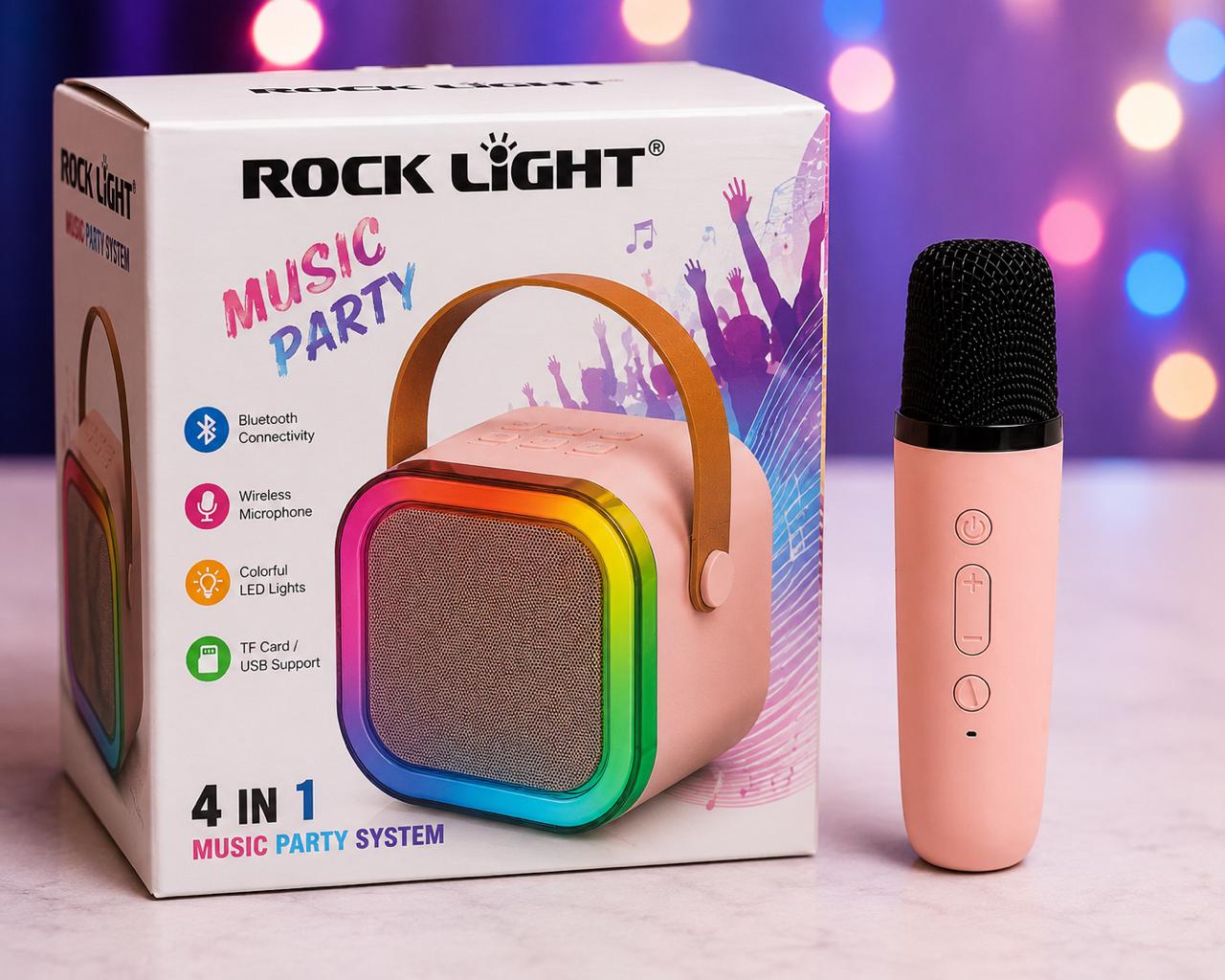 ROCK LIGHT 4-in-1 Portable Bluetooth Speaker with Wireless Karaoke Microphone | RGB LED Light | USB/TF Card Support | Rechargeable Music Party Speaker