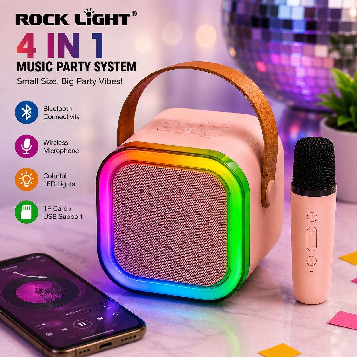 ROCK LIGHT 4-in-1 Portable Bluetooth Speaker with Wireless Karaoke Microphone | RGB LED Light | USB/TF Card Support | Rechargeable Music Party Speaker