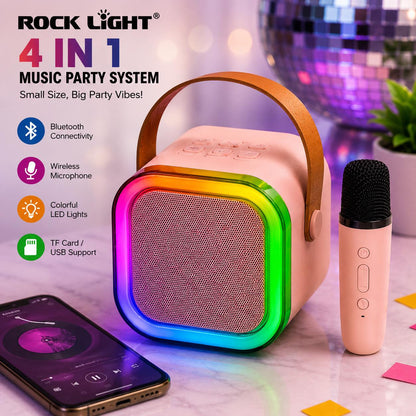 ROCK LIGHT 4-in-1 Portable Bluetooth Speaker with Wireless Karaoke Microphone | RGB LED Light | USB/TF Card Support | Rechargeable Music Party Speaker