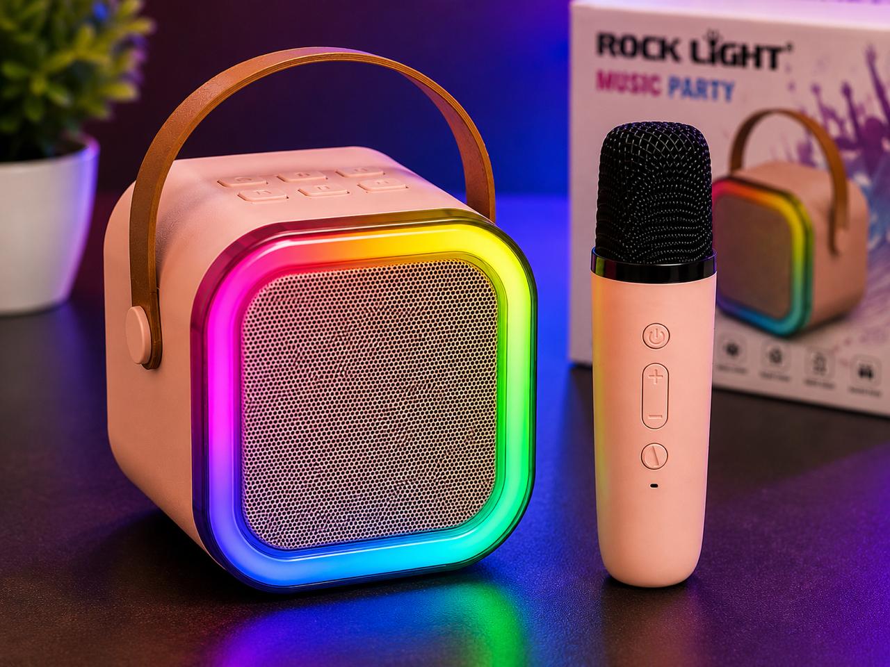 ROCK LIGHT 4-in-1 Portable Bluetooth Speaker with Wireless Karaoke Microphone | RGB LED Light | USB/TF Card Support | Rechargeable Music Party Speaker