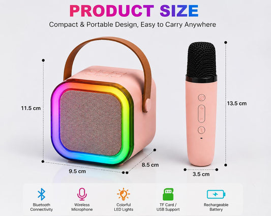ROCK LIGHT 4-in-1 Portable Bluetooth Speaker with Wireless Karaoke Microphone | RGB LED Light | USB/TF Card Support | Rechargeable Music Party Speaker