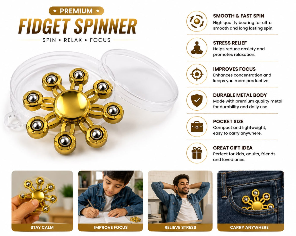 Premium Metal Fidget Spinner | High-Speed Stress Relief Hand Spinner with Storage Case | Smooth Silent Bearing | Pocket Size Desk Toy for Kids & Adults (Gold)