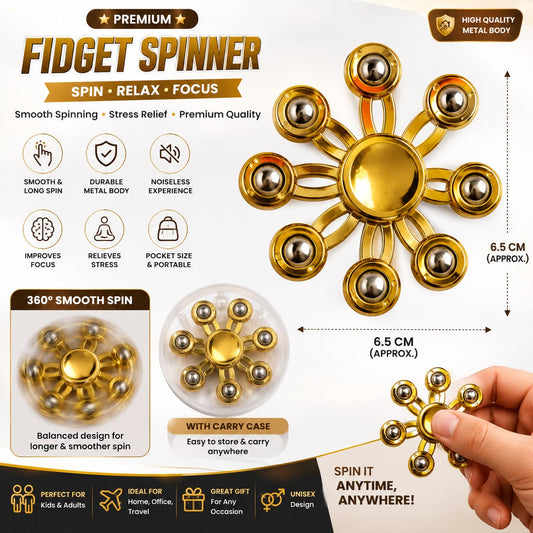 Premium Metal Fidget Spinner | High-Speed Stress Relief Hand Spinner with Storage Case | Smooth Silent Bearing | Pocket Size Desk Toy for Kids & Adults (Gold)