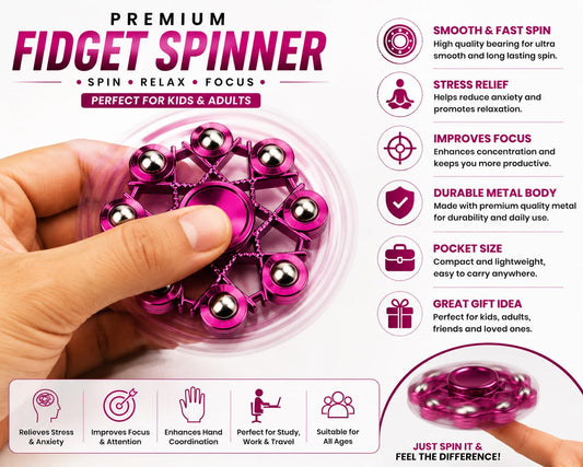 Premium Metallic Pink Fidget Spinner | High-Speed Metal Hand Spinner with Precision Bearing | Stress Relief Desk Toy for Kids & Adults | Pocket Size Spinner