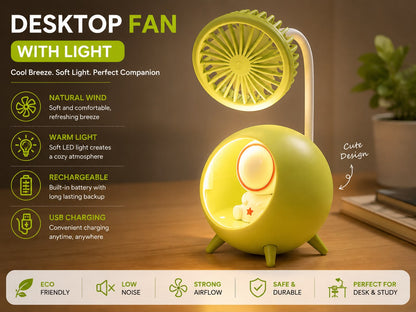 Rechargeable Green Mini USB Desktop Fan | Portable Quiet Desk Fan with Night Light
