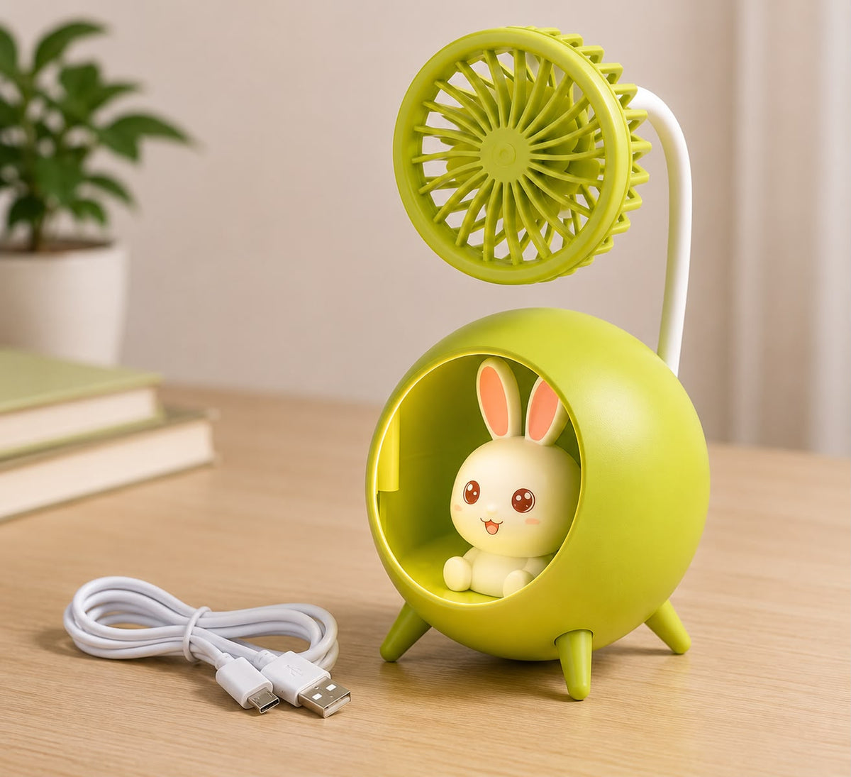 Rechargeable Green Mini USB Desktop Fan | Portable Quiet Desk Fan with Night Light