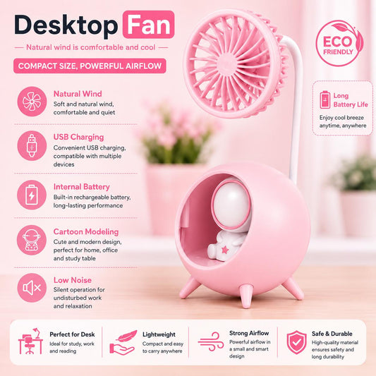 Cute Pink Mini USB Desktop Fan with Night Light