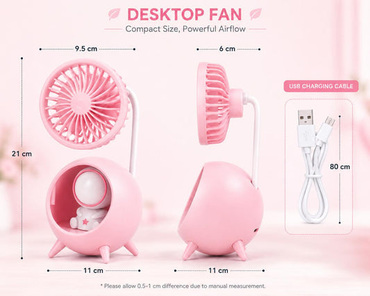 Cute Pink Mini USB Desktop Fan with Night Light