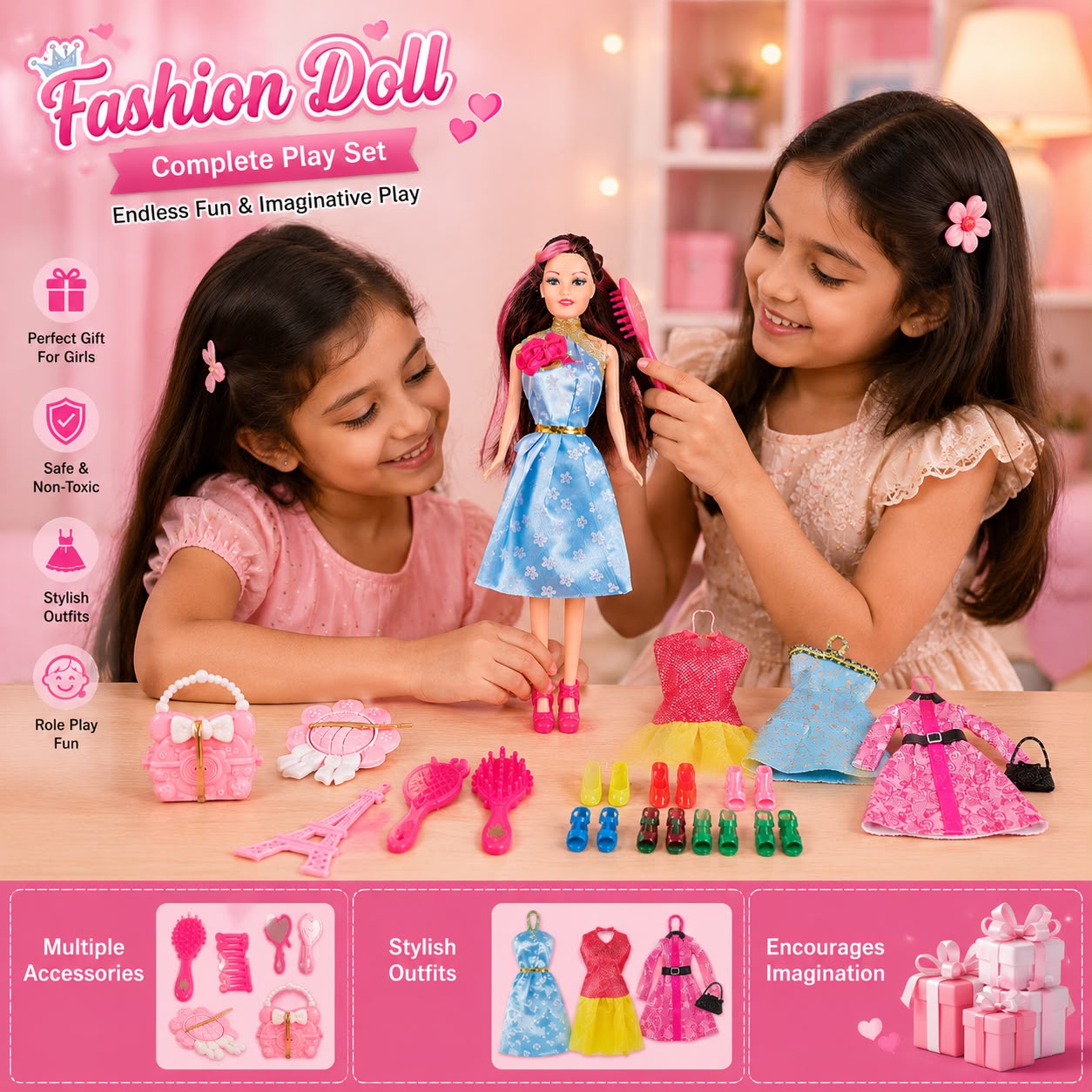 Fashion Doll Set for Girls with Dresses, Shoes & Accessories