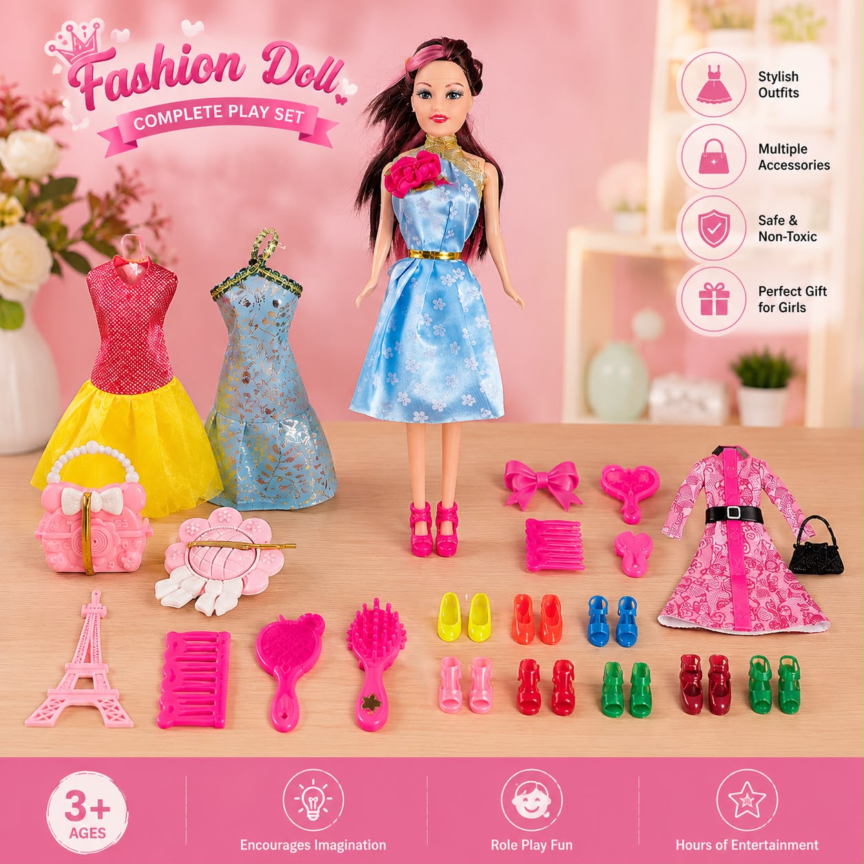Fashion Doll Set for Girls with Dresses, Shoes & Accessories