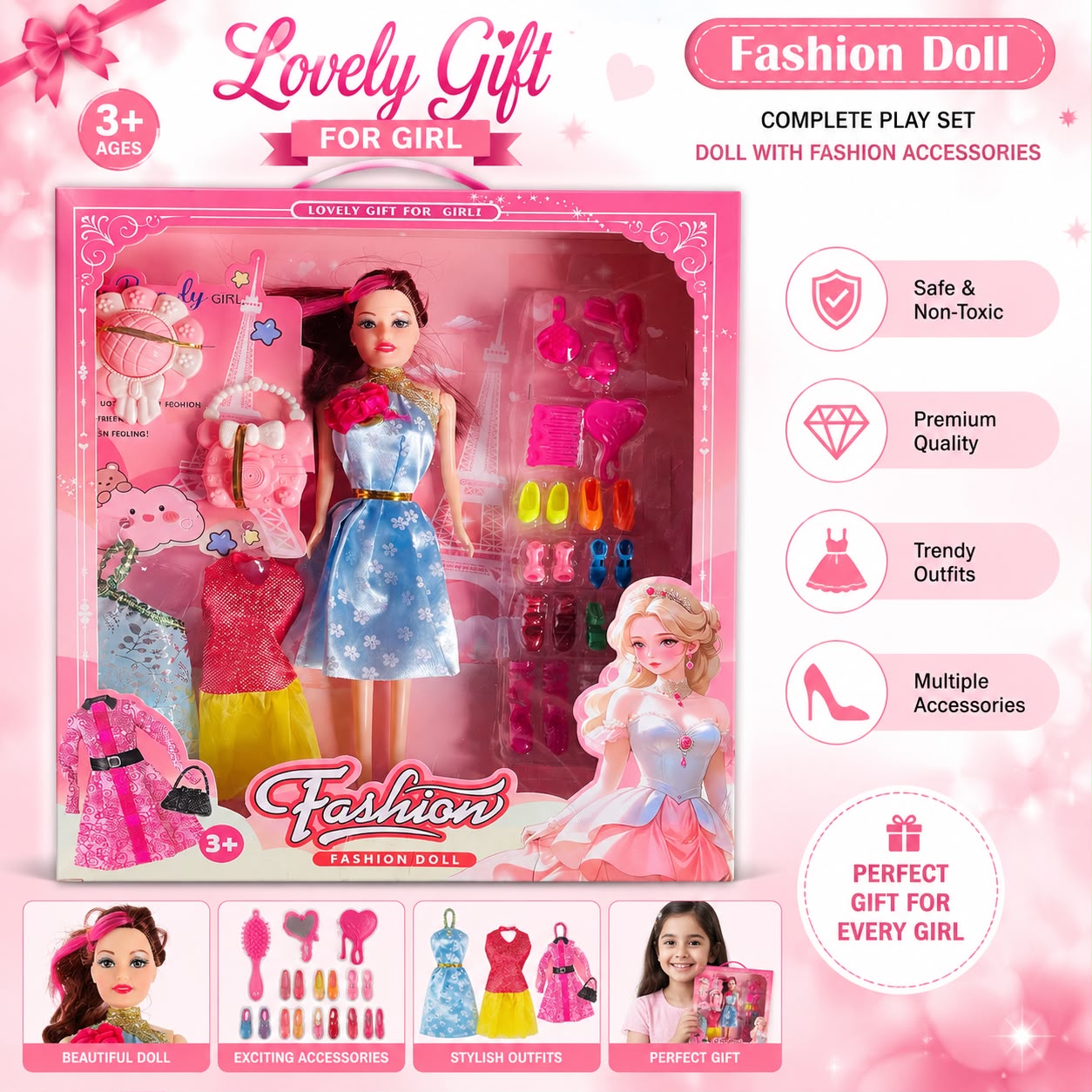 Fashion Doll Set for Girls with Dresses, Shoes & Accessories
