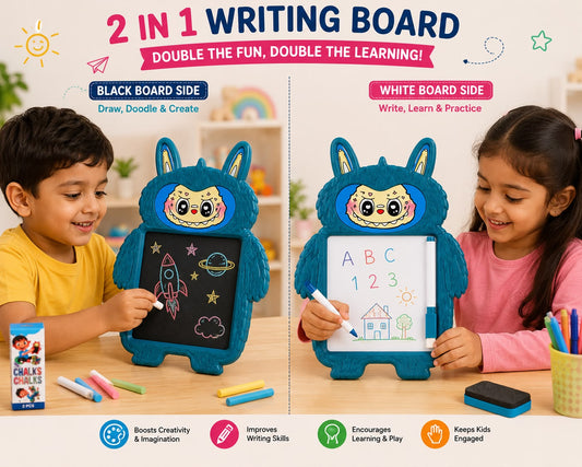 2 in 1 Writing Board for Kids with Whiteboard, Blackboard, Marker & Chalk | Reusable Educational Learning Toy | 3+ Years