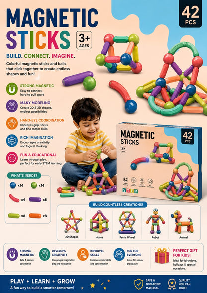 Magnetic Sticks Building Blocks for Kids 3+ | 42 PCS STEM Construction Toy | Creative Educational Toy