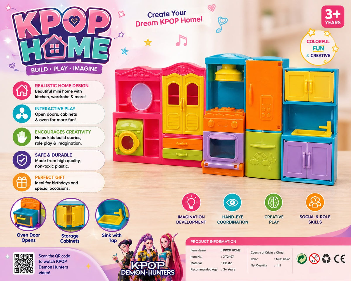 KPOP Home Mini Kitchen & Doll House Toy Set for Kids 3+ | Pretend Play House with Doors, Cabinets & Appliances