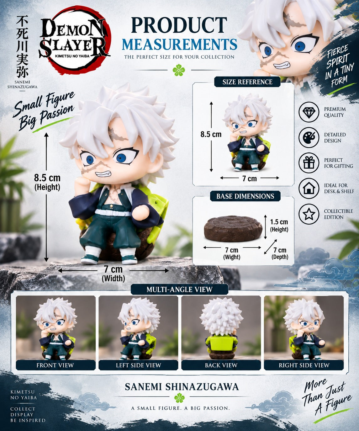 Sanemi Shinazugawa Anime Figurine | Chibi Sanemi Collectible Figure with Rock Base | Demon Slayer Figure for Desk, Shelf & Gifting