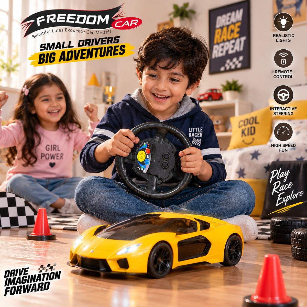 Remote Control Toy Sports Car with Steering Wheel Remote, LED Lights & Interactive Controls – High Speed Racing Car for Kids