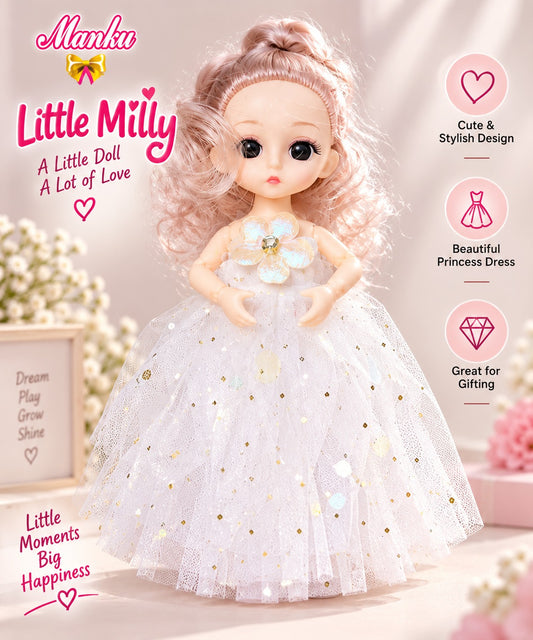 Manku Little Milly Doll for Girls 3+ – Cute Fashion Doll with Elegant White Glitter Dress, Stylish Hair & Pretend Play Toy