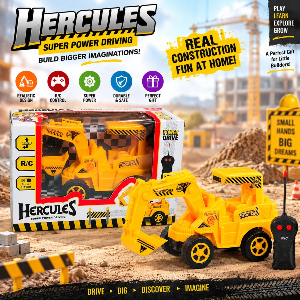 Hercules Remote Control Excavator Toy for Kids | Super Power Construction Truck with R/C Remote, Movable Arm & Bucket | Yellow Construction Vehicle Toy