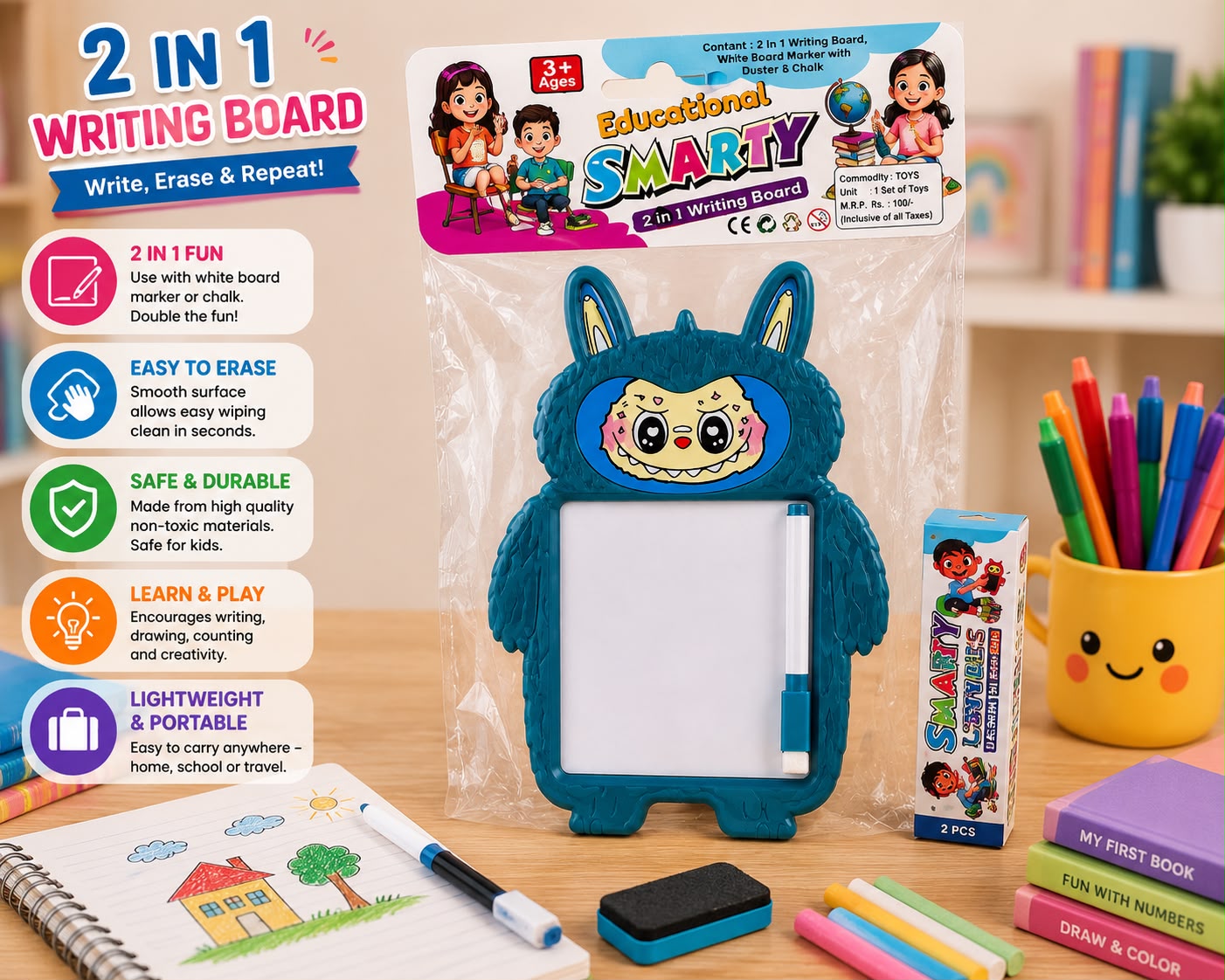 2 in 1 Writing Board for Kids with Whiteboard, Blackboard, Marker & Chalk | Reusable Educational Learning Toy | 3+ Years