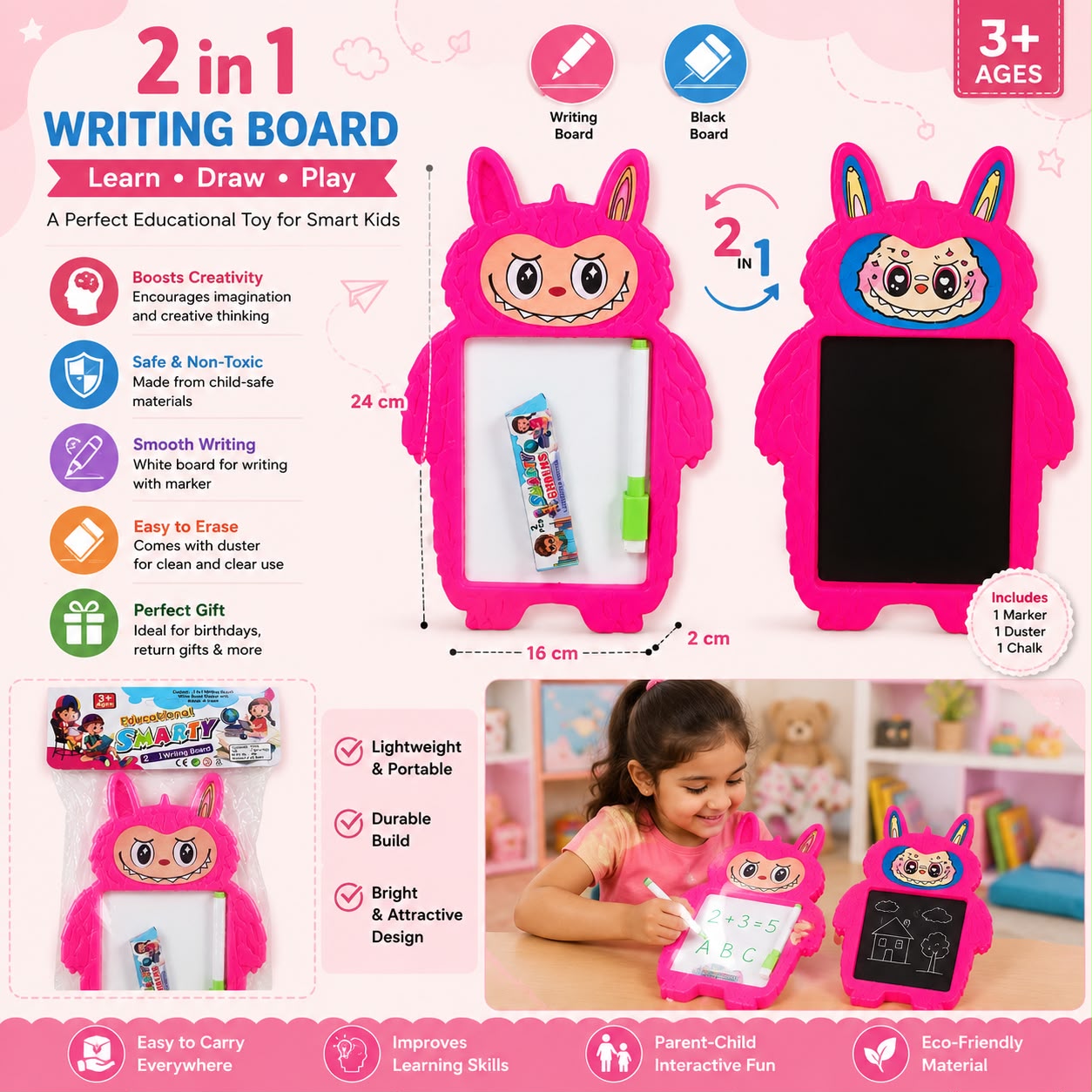 2 in 1 Writing Board for Kids with Whiteboard, Blackboard, Marker & Chalk | Reusable Educational Learning Toy | 3+ Years