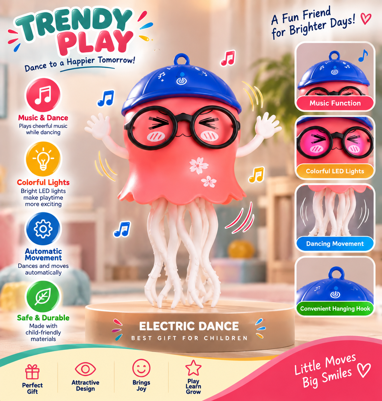 Trendy Play Electric Dancing Jellyfish Toy for Kids | Musical Dancing Octopus with Colorful Lights & Wiggling Tentacles | Fun Interactive Toy - Image 4