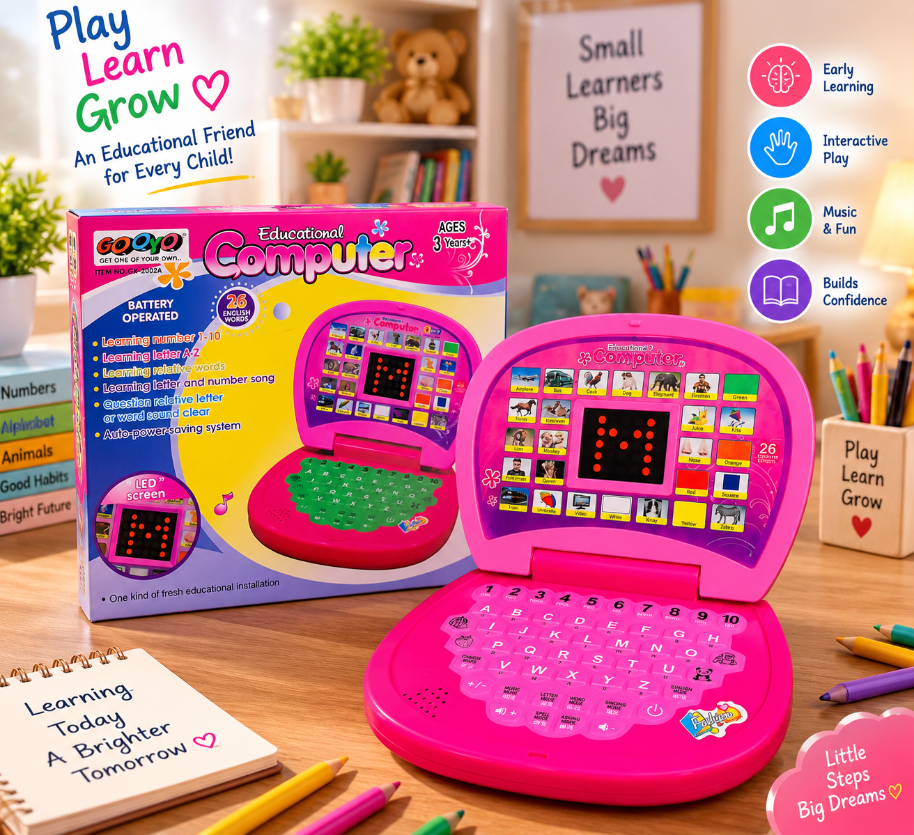GOOYO Educational Computer Toy for Kids 3+ | Learning Laptop with 26 English Words, ABC & 1–10 Numbers, LED Screen, Music & Interactive Learning Modes - Image 4