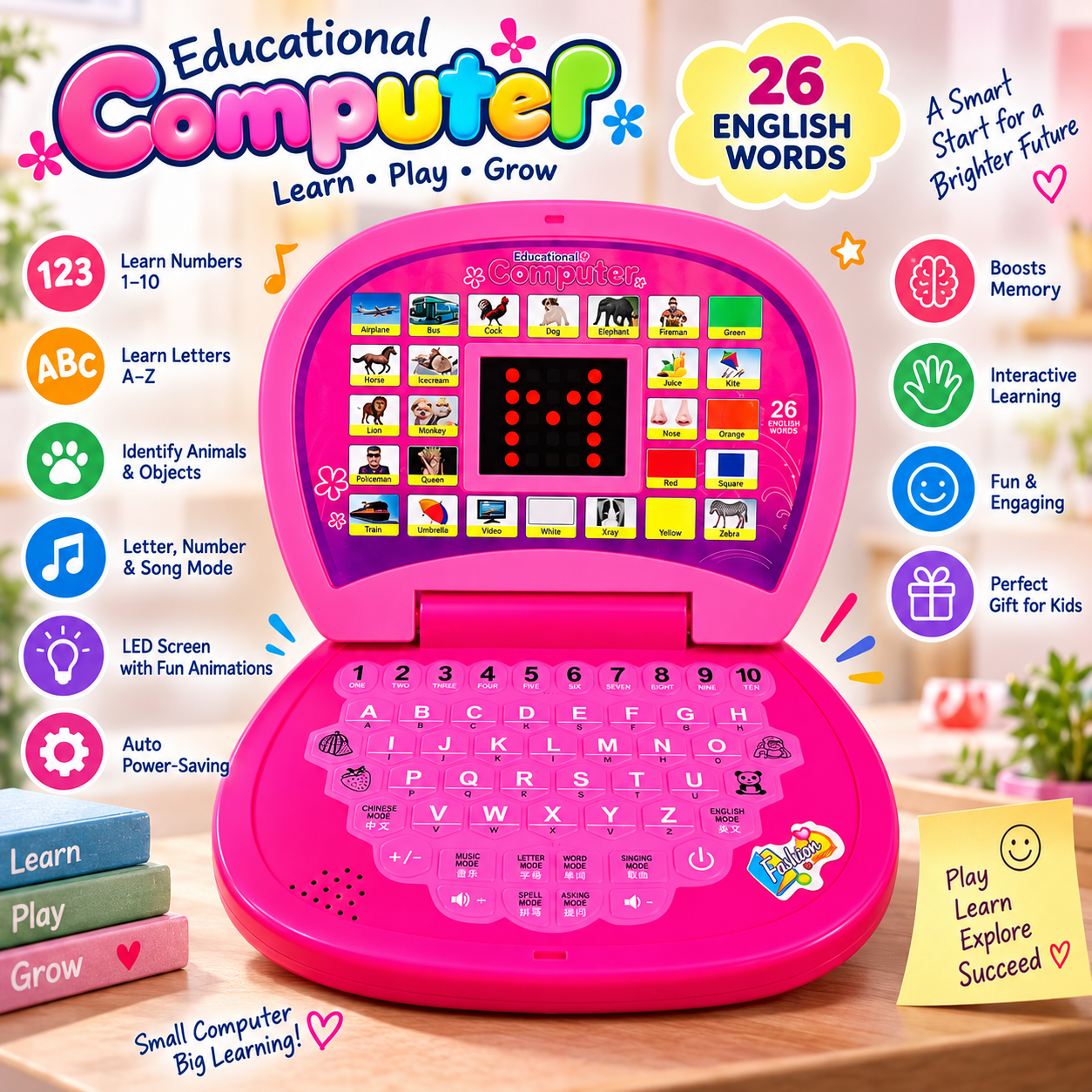 GOOYO Educational Computer Toy for Kids 3+ | Learning Laptop with 26 English Words, ABC & 1–10 Numbers, LED Screen, Music & Interactive Learning Modes - Image 3