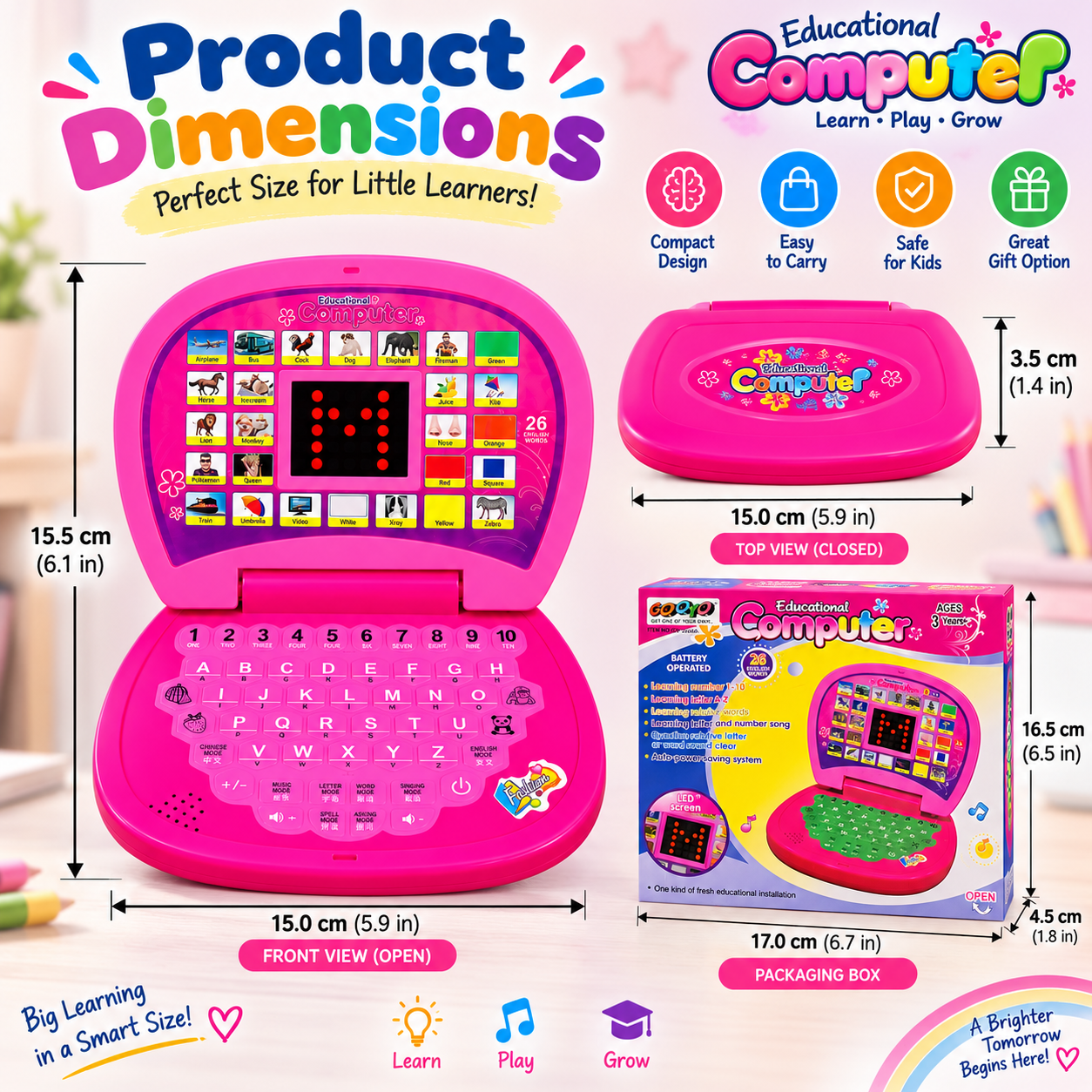 GOOYO Educational Computer Toy for Kids 3+ | Learning Laptop with 26 English Words, ABC & 1–10 Numbers, LED Screen, Music & Interactive Learning Modes - Image 2
