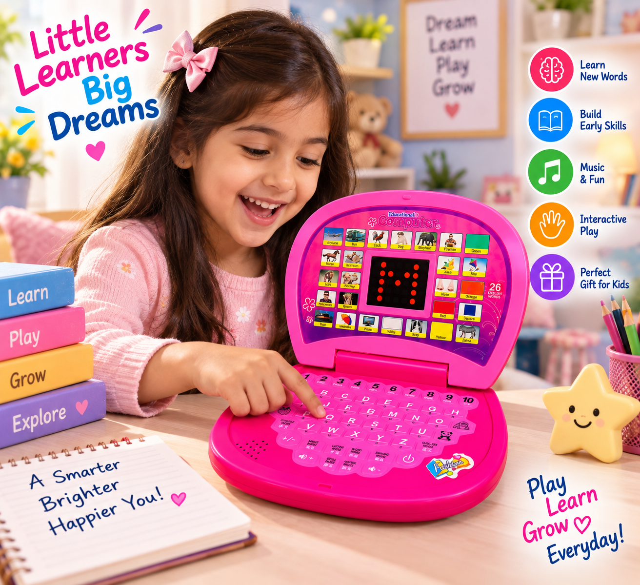 GOOYO Educational Computer Toy for Kids 3+ | Learning Laptop with 26 English Words, ABC & 1–10 Numbers, LED Screen, Music & Interactive Learning Modes