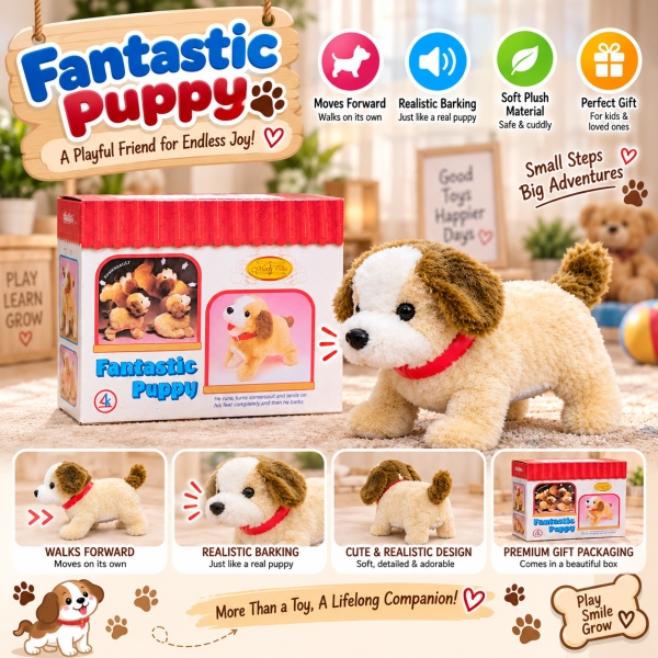 Fantastic Puppy Interactive Toy for Kids | Walking & Barking Plush Dog Toy with Soft Fur, Moving Action & Red Collar | Cute Gift for Children