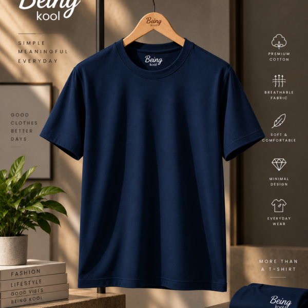 Being Kool Dark Navy Blue Plain T-Shirt for Men | Minimal Premium Everyday Tee