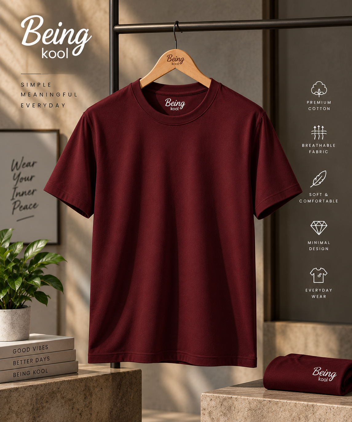 Being Kool Dark Maroon Plain T-Shirt for Men | Minimal Premium Everyday Tee
