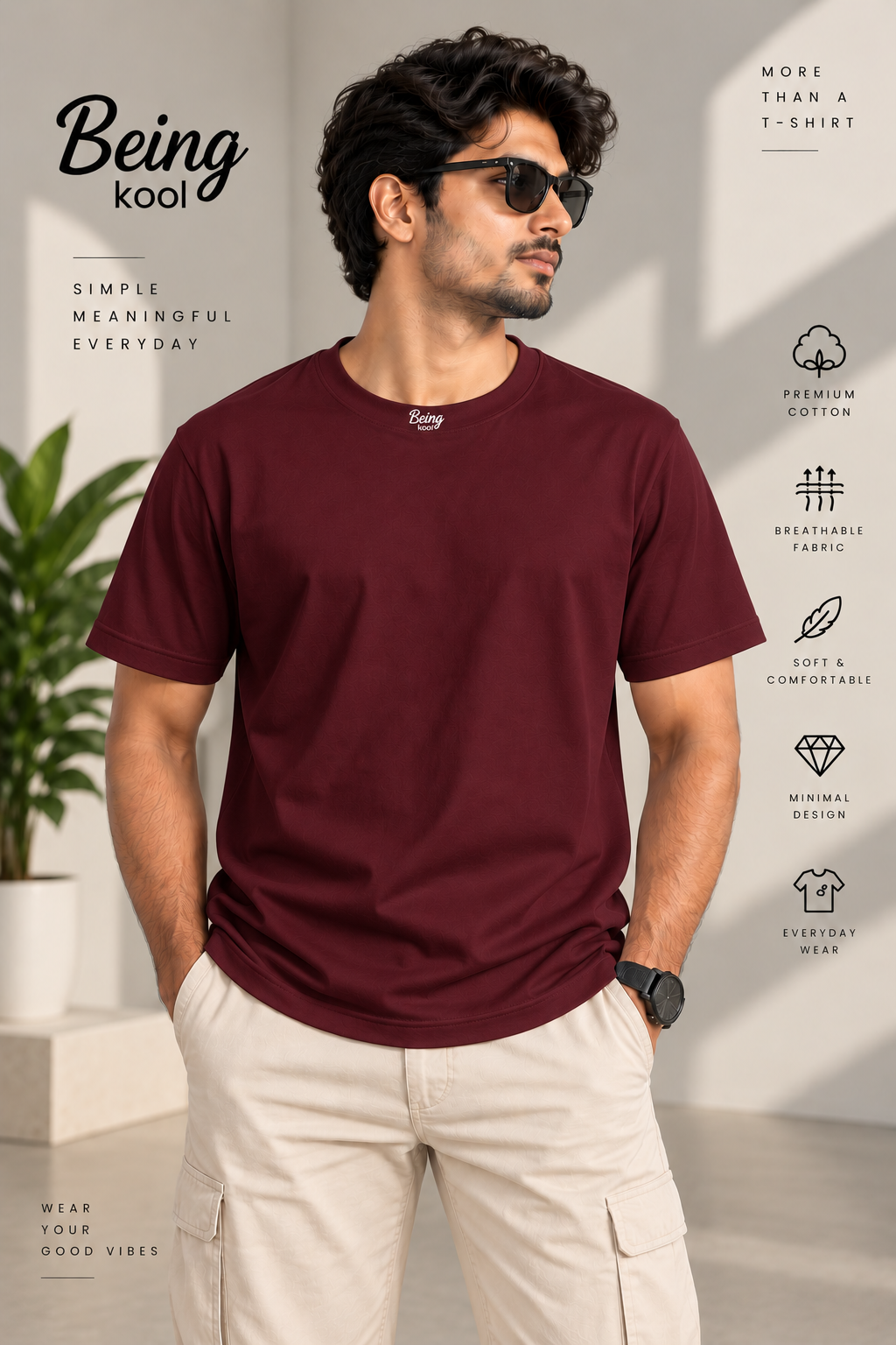 Being Kool Dark Maroon Plain T-Shirt for Men | Minimal Premium Everyday Tee - Image 2