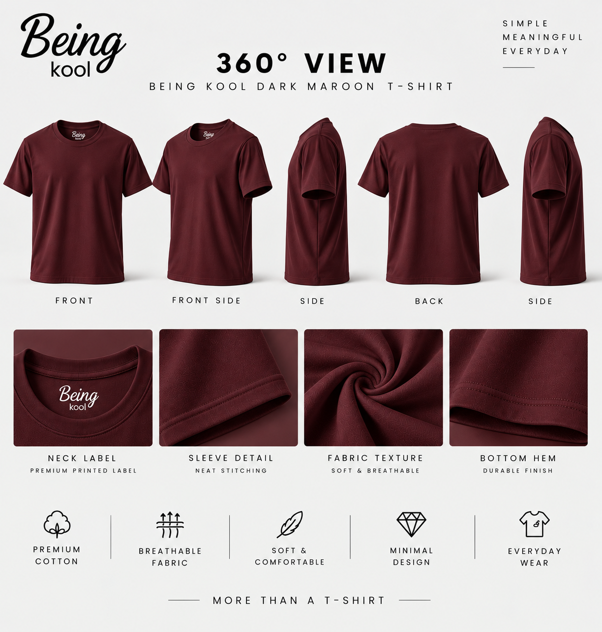 Being Kool Dark Maroon Plain T-Shirt for Men | Minimal Premium Everyday Tee - Image 3
