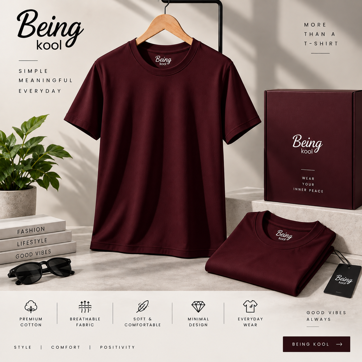Being Kool Dark Maroon Plain T-Shirt for Men | Minimal Premium Everyday Tee - Image 4
