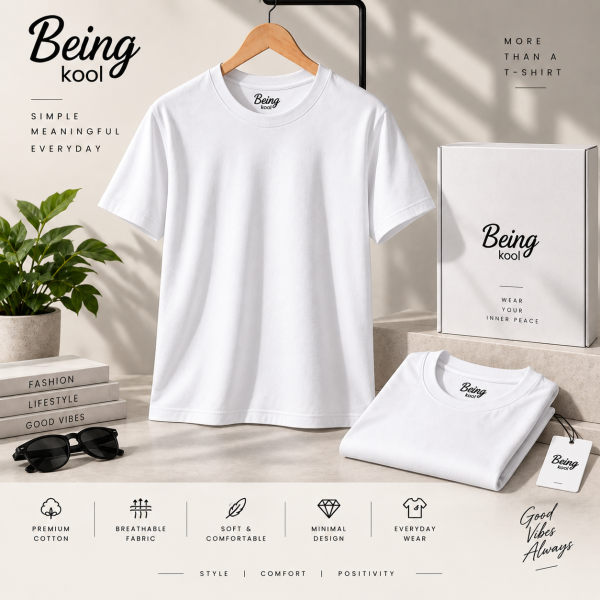Being Kool White Plain T-Shirt for Men | Minimal Premium Everyday Wear