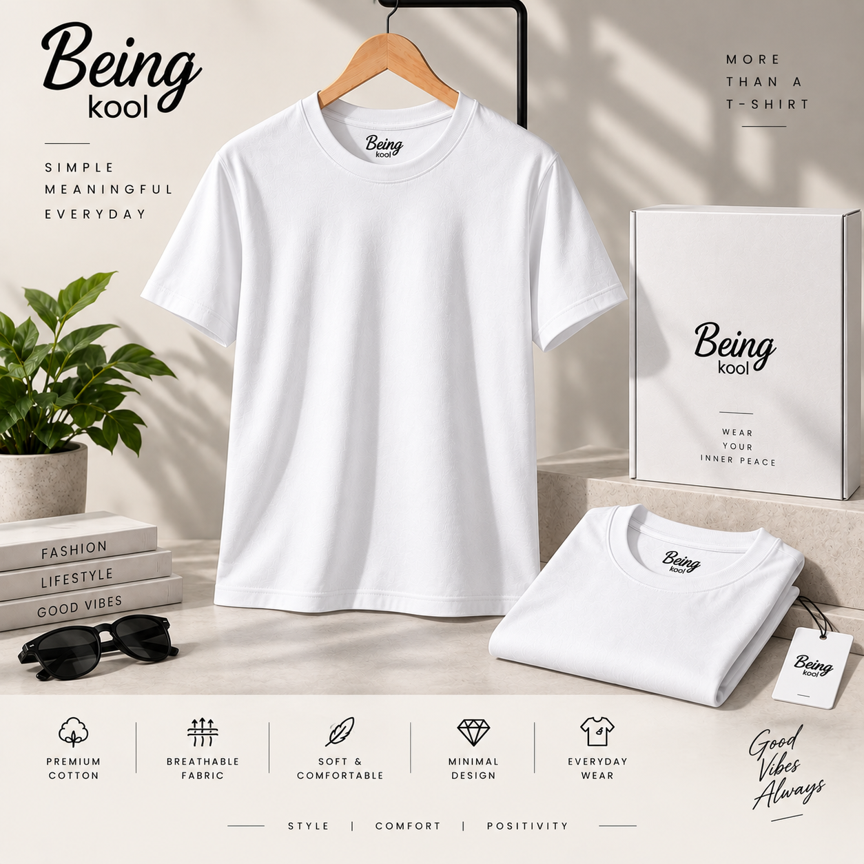 Being Kool White Plain T-Shirt for Men | Minimal Premium Everyday Wear