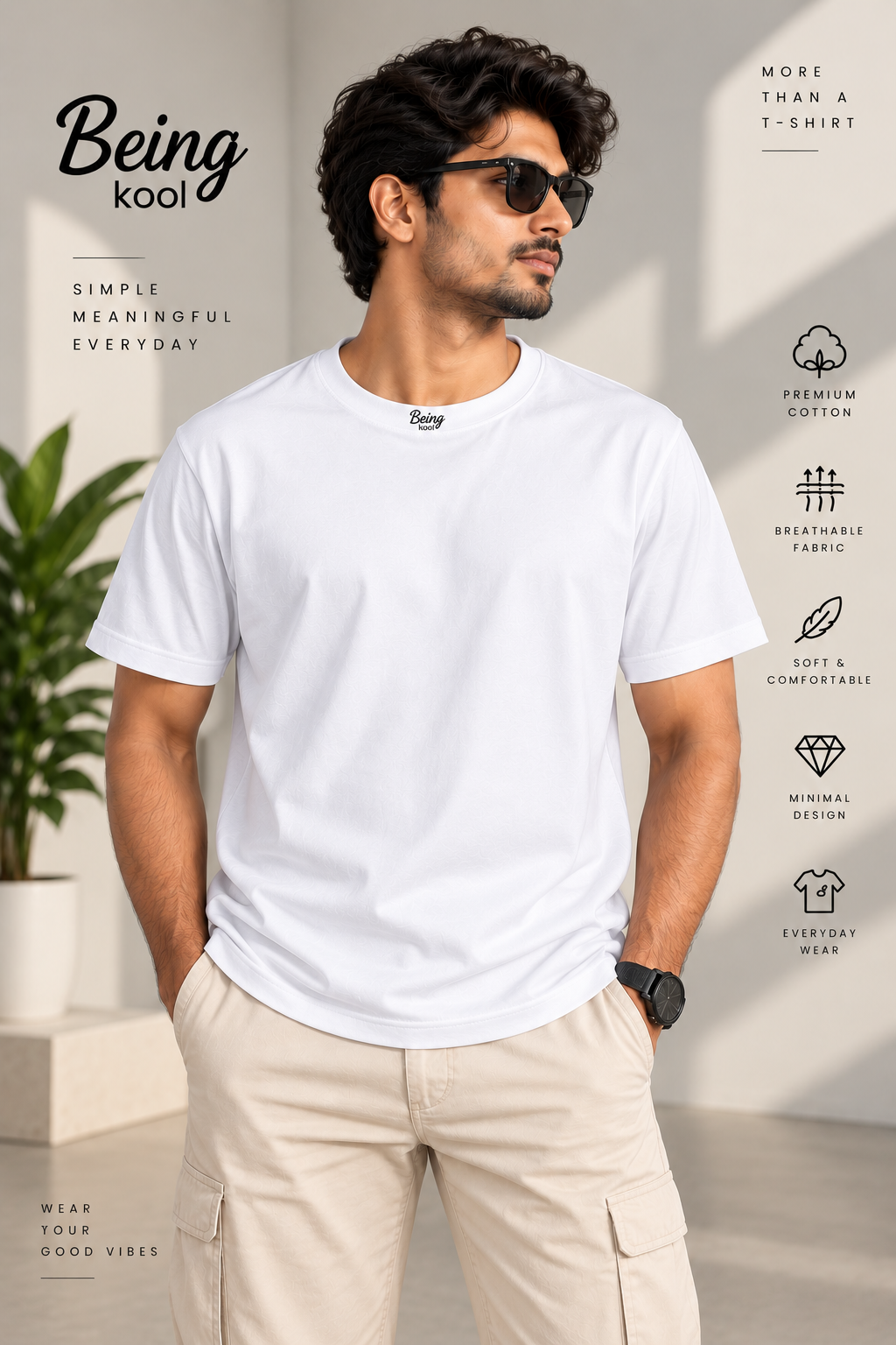 Being Kool White Plain T-Shirt for Men | Minimal Premium Everyday Wear - Image 4