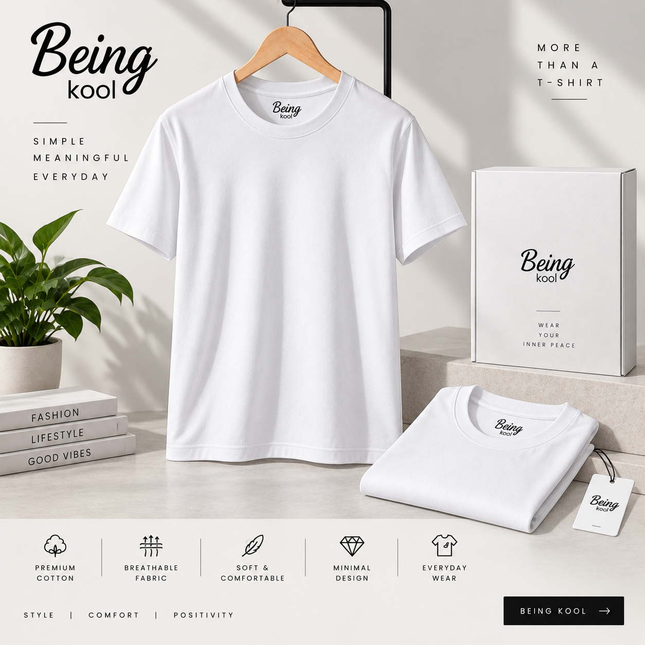 Being Kool White Plain T-Shirt for Men | Minimal Premium Everyday Wear - Image 3