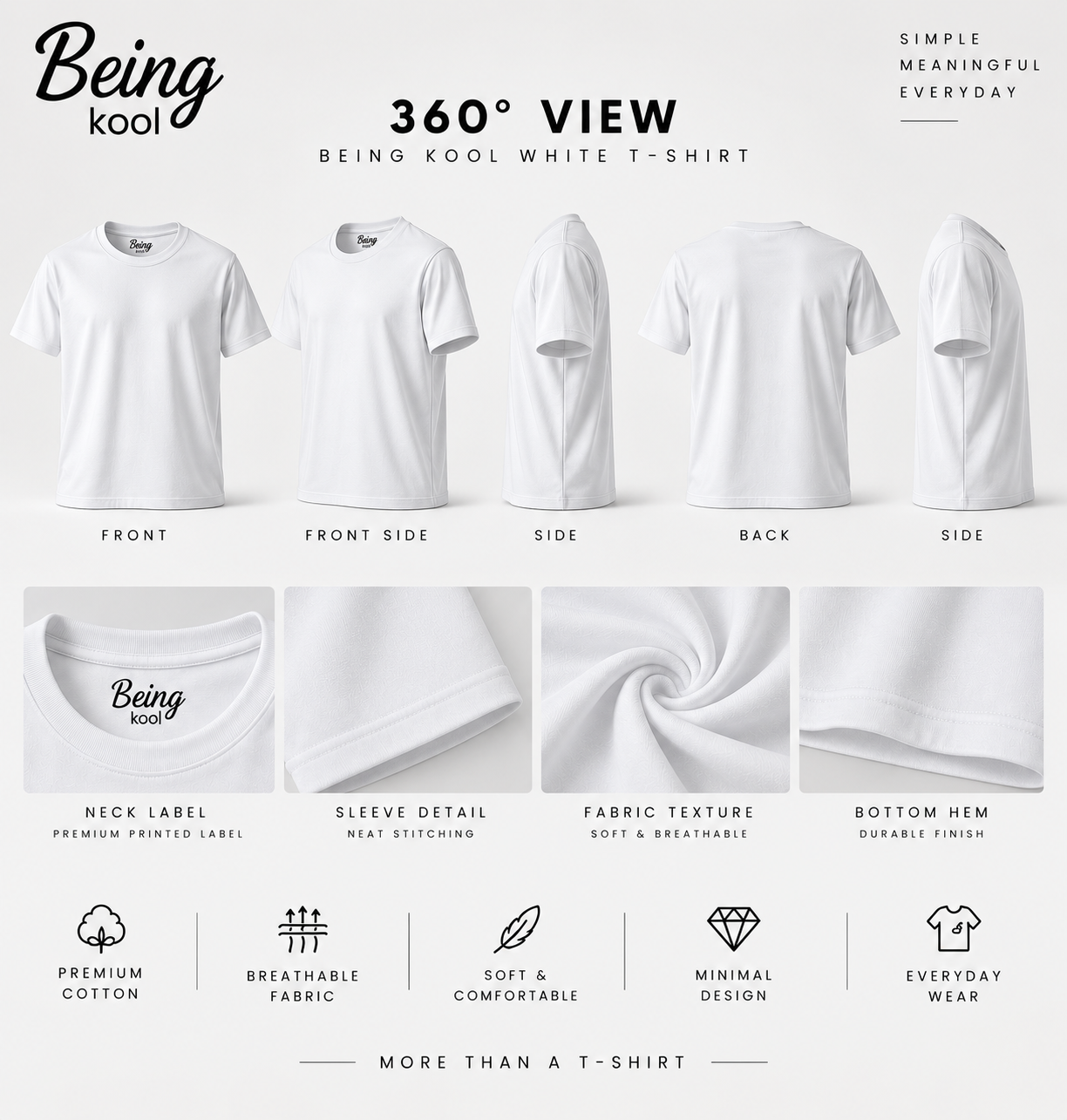 Being Kool White Plain T-Shirt for Men | Minimal Premium Everyday Wear - Image 2