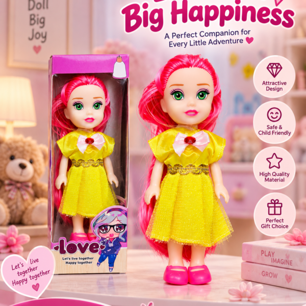 Cute Fashion Doll for Girls with Long Pink Hair & Yellow Dress | Stylish Kids Toy for Pretend Play, Birthday & Gifting