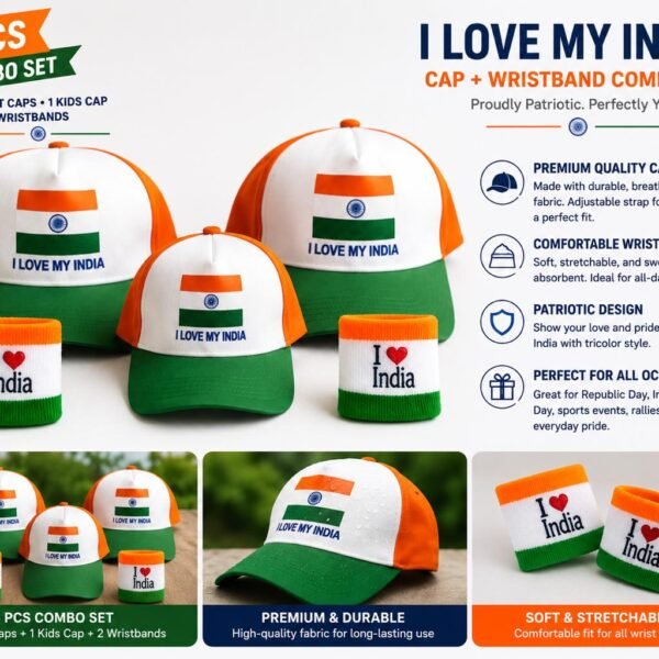 5 Pcs Tricolor Cap & Wristband Combo Set | 2 Adult Caps + 1 Kids Cap + 2 Wristbands | I Love My India